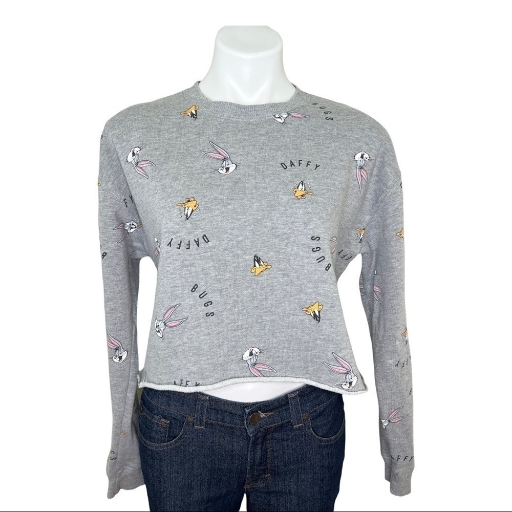 Looney Tunes Bugs Bunny Daffy Duck Gray Crop Sweatshirt Women's Size XS